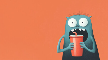 Cartoon monster drinking from a juice box with a surprised expression. Halloween. Template for banner, poster, greeting card