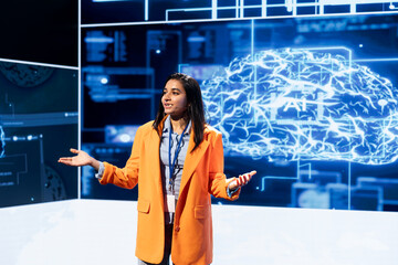Poster - AI expert showcasing cutting edge technologies, sharing industry knowledge. Speaker talks at event gathering industry specialists coming together to discuss latest developments in AI and Big Data
