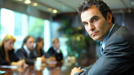Poster - A businessman in a boardroom, listening to a presentation with focused attention