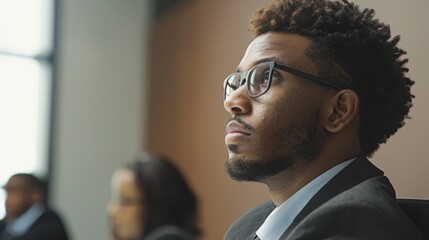Poster - A businessman in a boardroom, listening to a presentation with focused attention