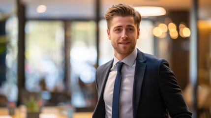 Poster - A businessman in a suit and tie, walking confidently into a meeting room.