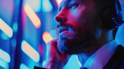 Poster - A businessman speaking on a wireless headset, engaging in a conference call.
