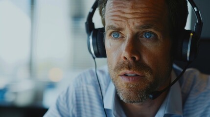 Poster - A businessman speaking on a wireless headset, engaging in a conference call.
