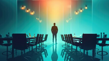 Poster - A businessman standing at the head of a conference table, leading a strategy session.