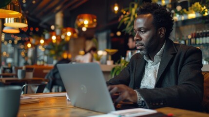 Poster - A businessman typing on a laptop in a cafe, focused on completing important work.