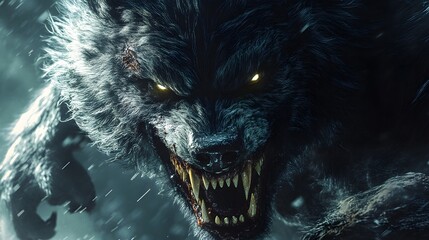 A werewolf with sharp teeth and a tattered Halloween mask, dark fantasy illustration, detailed fur, ominous atmosphere, highly textured, isolated on white background