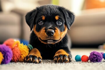 Poster - A cute Rottweiler puppy with toys in a cozy living space.