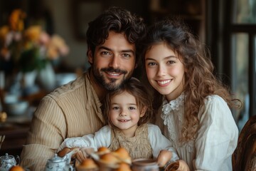 Family enjoying breakfast together at a cozy, rustic table filled with fresh pastries and fruits during a sunny morning