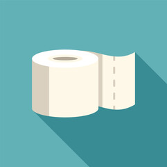 Sticker - White toilet paper roll casting long shadow on turquoise background, simple flat vector illustration