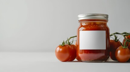 A white table with a jar filled with cherry tomatoes and a blank label.