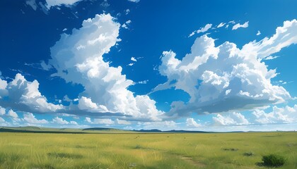 Wall Mural - The vast grassland and the tranquil beauty of blue sky and white clouds