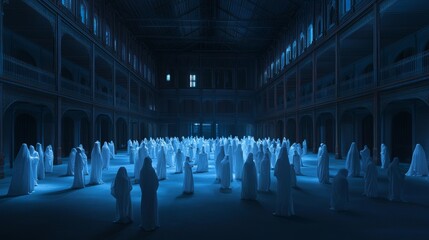 Wall Mural - A dark room is filled with people wearing ghost costumes