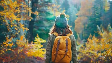 Wall Mural - back view of a woman with backpack hiking on nature trail at autumn season	
