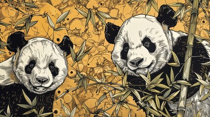 Illustration of two pandas among bamboo with an orange background. Digital drawing featuring wildlife and nature elements.