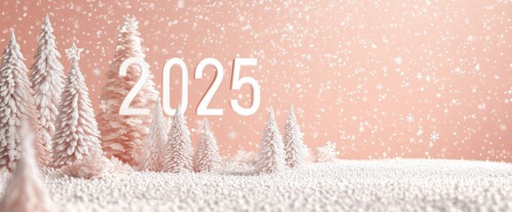 Wall Mural - The number 2025 is displayed on a banner surrounded by trees and snow