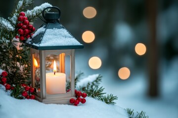 Canvas Print - A festive lantern and decorations in the snowy forest with glowing lights in the background.