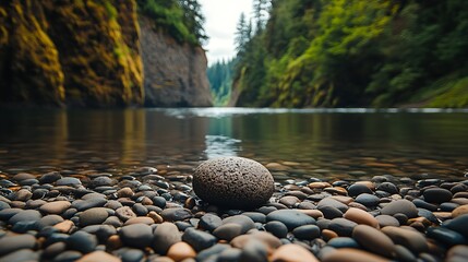 A single, large, smooth rock sits on a bed of river stones in the foreground with a shallow river in the background.