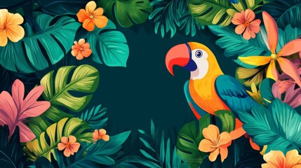 Naklejka na meble Colorful tropical illustration featuring a parrot with vibrant flowers and lush green leaves, with a large blank space in the middle