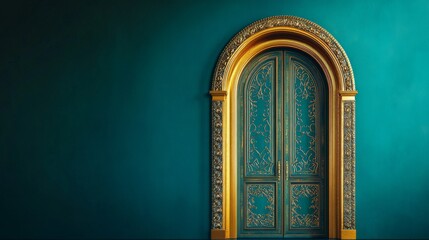 Elegant arched door with intricate golden patterns set against a deep blue-green background, evoking a sense of luxury and classic style, with copy space 