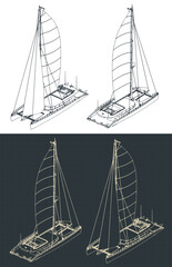 Wall Mural - Large sailing catamaran isometric technical drawings