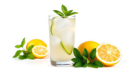 Canvas Print - Glass of fresh lemonade with mint on white background isolated with white highlights, png