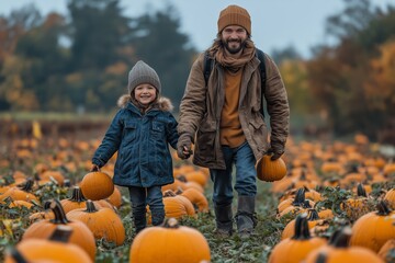 father and child enjoying a pumpkin patch on a cool autumn day while holding pumpkins