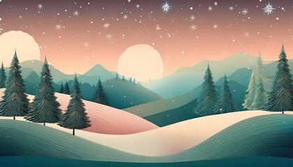 Stylized Winter Landscape- A serene winter landscape in Scandinavian style with rolling hills in olive green colors. Graphic art illustration wallpaper