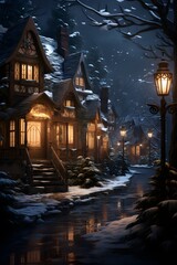 Wall Mural - Winter night in the city. Old wooden houses on a snowy street.