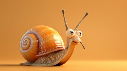 A cartoonish, smiling, orange snail with two eyes and a mouth