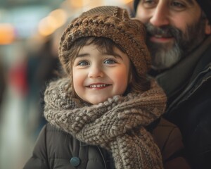 Wall Mural - A little girl smiles warmly while wearing a winter hat and scarf. AI.