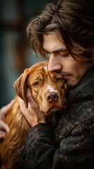 Poster - A man gently petting a dog. AI.