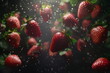 © Anna - Flying strawberries with water droplets in a sunlit garden. Ffor advertising campaigns, food packaging, or digital artwork focused on nature and freshness.