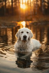 Poster - A wet dog floats in the water, looking up at the camera. AI.