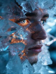 Wall Mural - A man's face is surrounded by ice crystals, with glowing light emanating from within. AI.