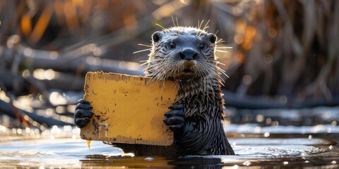 Poster - An otter holding a sign in the water. AI.