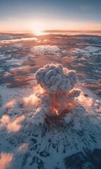 Wall Mural - a large cloud of smoke and fire rises from a snowy landscape. ai.