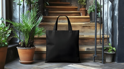 A black tote bag placed on wooden stairs surrounded by plants.