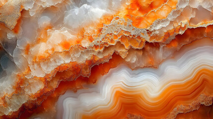 Wall Mural - A close-up view of agate stone showcasing vibrant orange and white patterns.