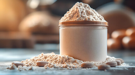 A container of flour with a pile beside it, set in a kitchen.