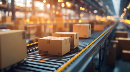 Wall Mural - A conveyor belt transporting cardboard boxes in a warehouse setting.