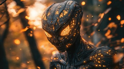 Wall Mural - alien being with intricate body patterns and glowing eyes, surrounded by a mysterious and otherworld