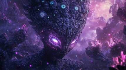 Wall Mural - alien being with intricate body patterns and glowing eyes, surrounded by a mysterious and otherworld