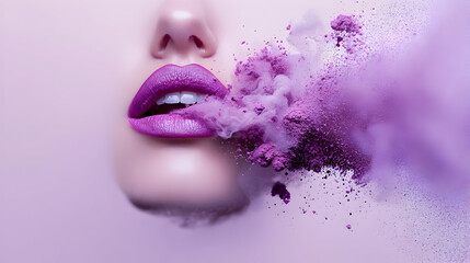 Poster - A creative depiction of lips with purple makeup and powder explosion.