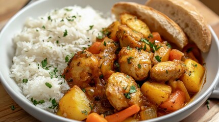 Wall Mural - bread, rice, and potatoes are served with sautéed chicken and vegetables.