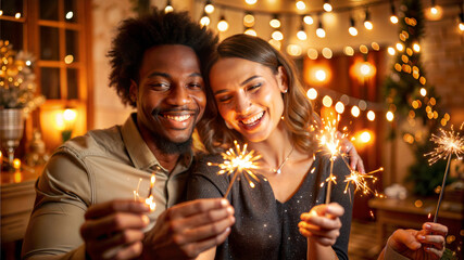 happy young couple with sparklers in christmas decorated room at home