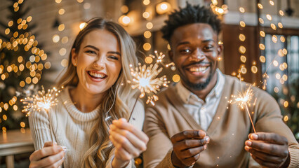 Wall Mural - selective focus of smiling multicultural couple holding sparklers and looking at camera