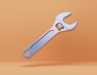 3D silver wrench is lying on an orange background, 3D illustration