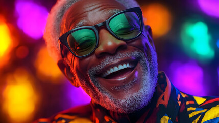 Wall Mural - A joyful elderly man smiling brightly with colorful background.