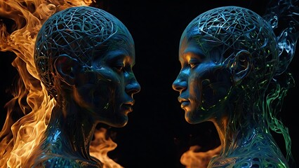 Two human faces next to each other in dark opposition theme, blue and gold compiled