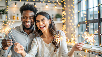 Wall Mural - Happy african american couple celebrating new year with sparklers at home